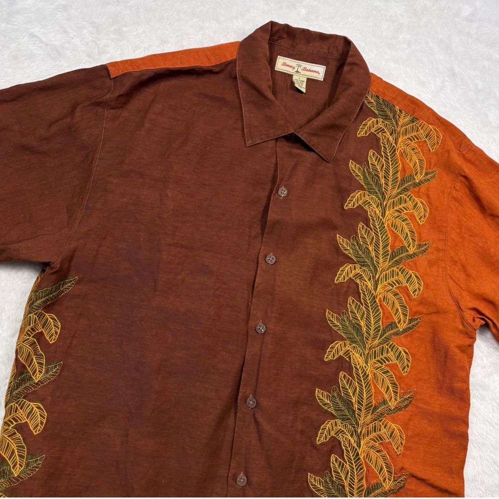 Tommy Bahama LINEN SILK Button Shirt Men L Embroider LOOP COLLAR Tropical Hawaii
